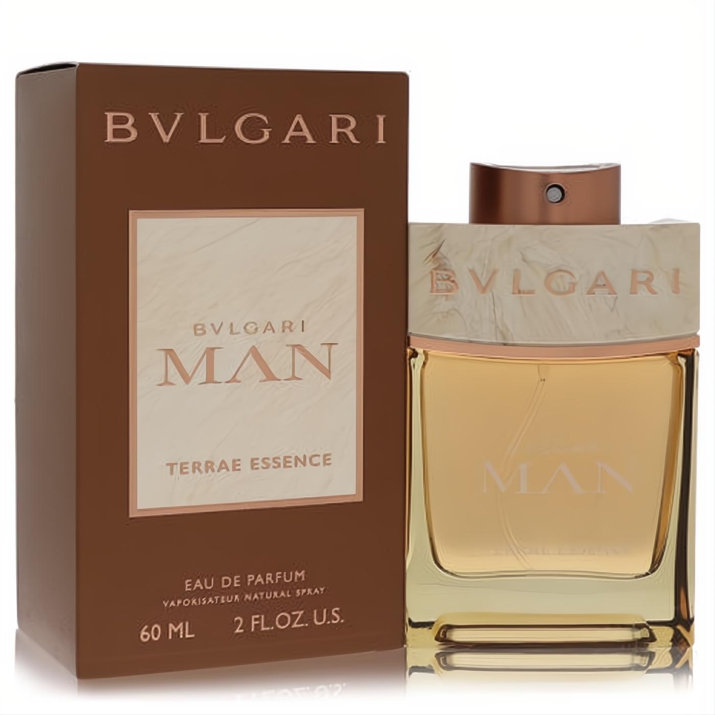 Experience Bvlgari Man Terrae Essence 2 oz EDP. Golden amber bottle with unique marbled cap, beside its elegant brown and cream box.