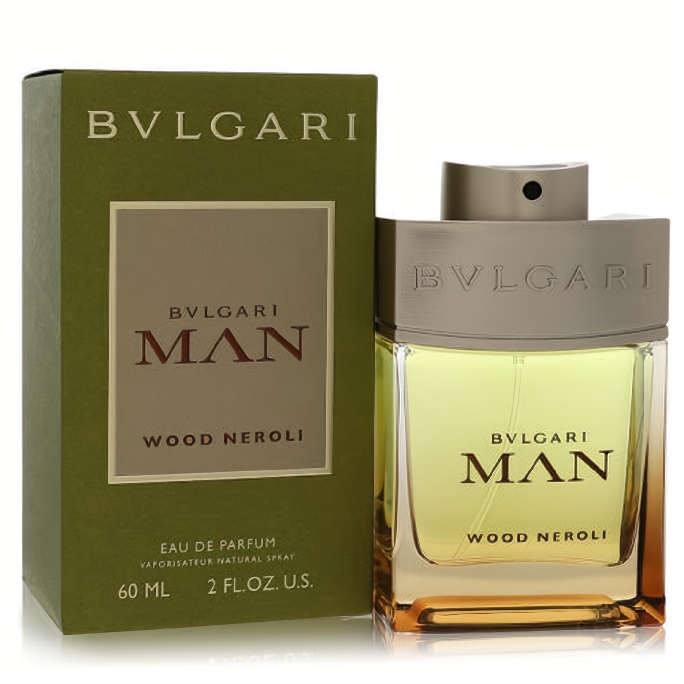 Bvlgari Man Wood Neroli 2 oz EDP. Masculine fragrance in a sleek clear bottle with amber liquid and earthy green box.