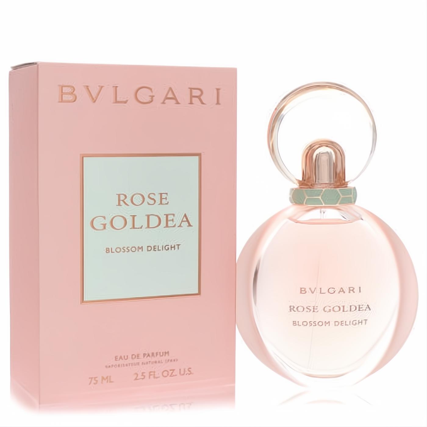 Bvlgari Rose Goldea Blossom Delight 2.5 oz EDP. Luxurious pink box and elegant round glass bottle with a rose gold cap and green detail.