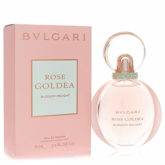 Bvlgari Rose Goldea Blossom Delight 2.5 oz EDP. Luxurious pink box and elegant round glass bottle with a rose gold cap and green detail.