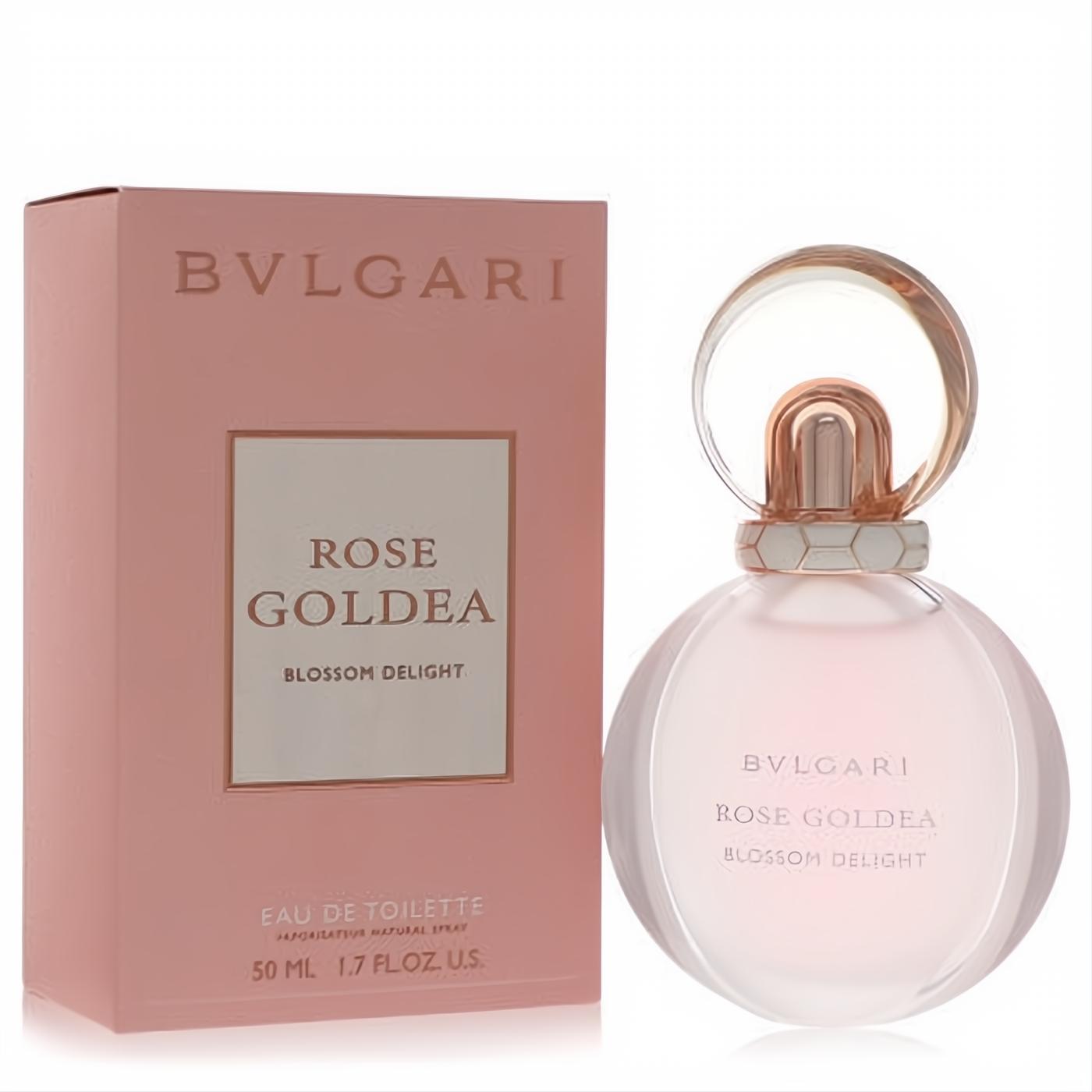 Bvlgari Rose Goldea Blossom Delight 1.7 oz EDT: elegant pink bottle with unique rose gold cap, next to its matching box.