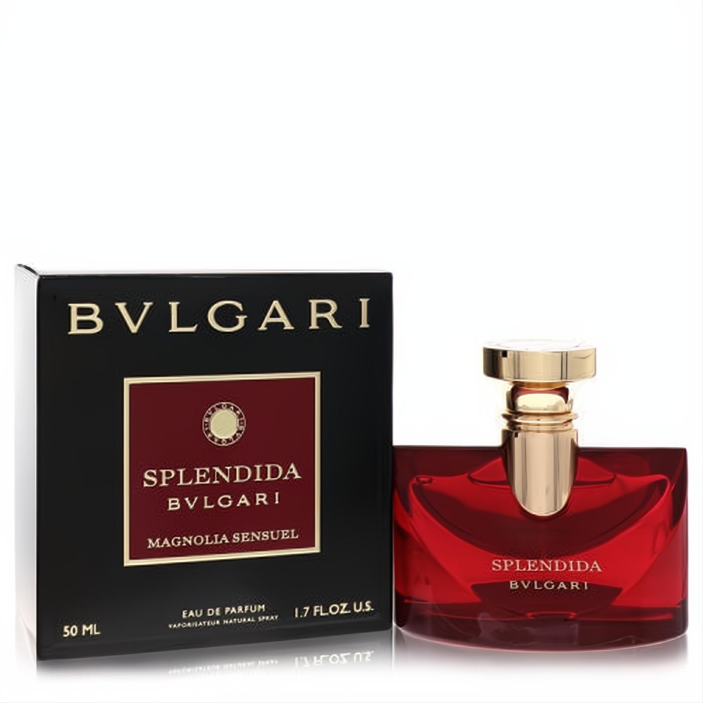 Bvlgari Splendida Magnolia Sensuel 1.7 oz EDP. Bold red faceted bottle with a luxurious gold cap, displayed with its elegant black and red box.