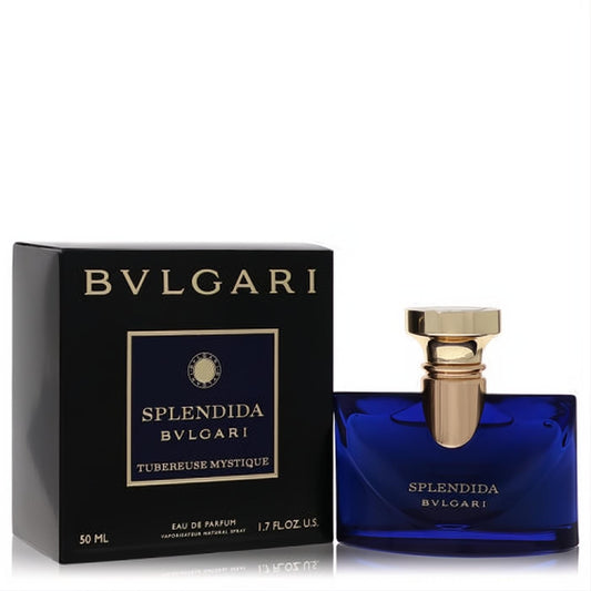 Luxurious Bvlgari Splendida Tubereuse Mystique 1.7 oz EDP. Sapphire blue glass bottle with elegant gold cap, beside its sophisticated black box.