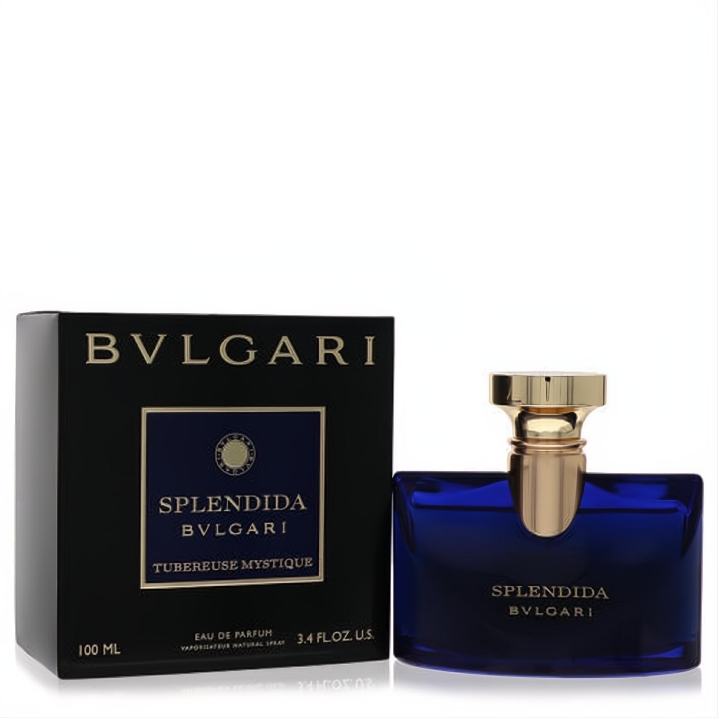 Captivating Bvlgari Splendida Tubereuse Mystique 3.4 oz EDP. Rich sapphire bottle with gold cap, displayed with its sleek black box.
