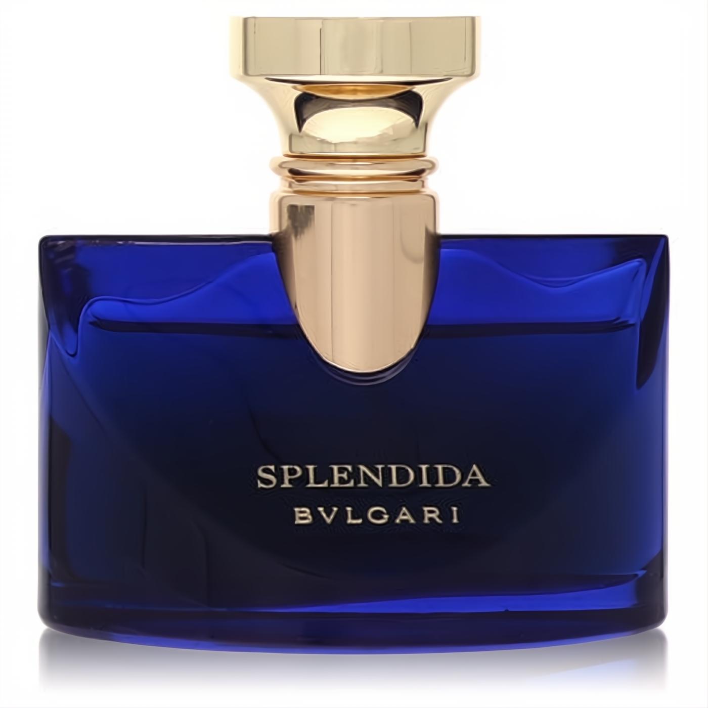 Elegant Bvlgari Splendida women's perfume in a sleek royal blue glass bottle with gold lettering and gleaming cap.