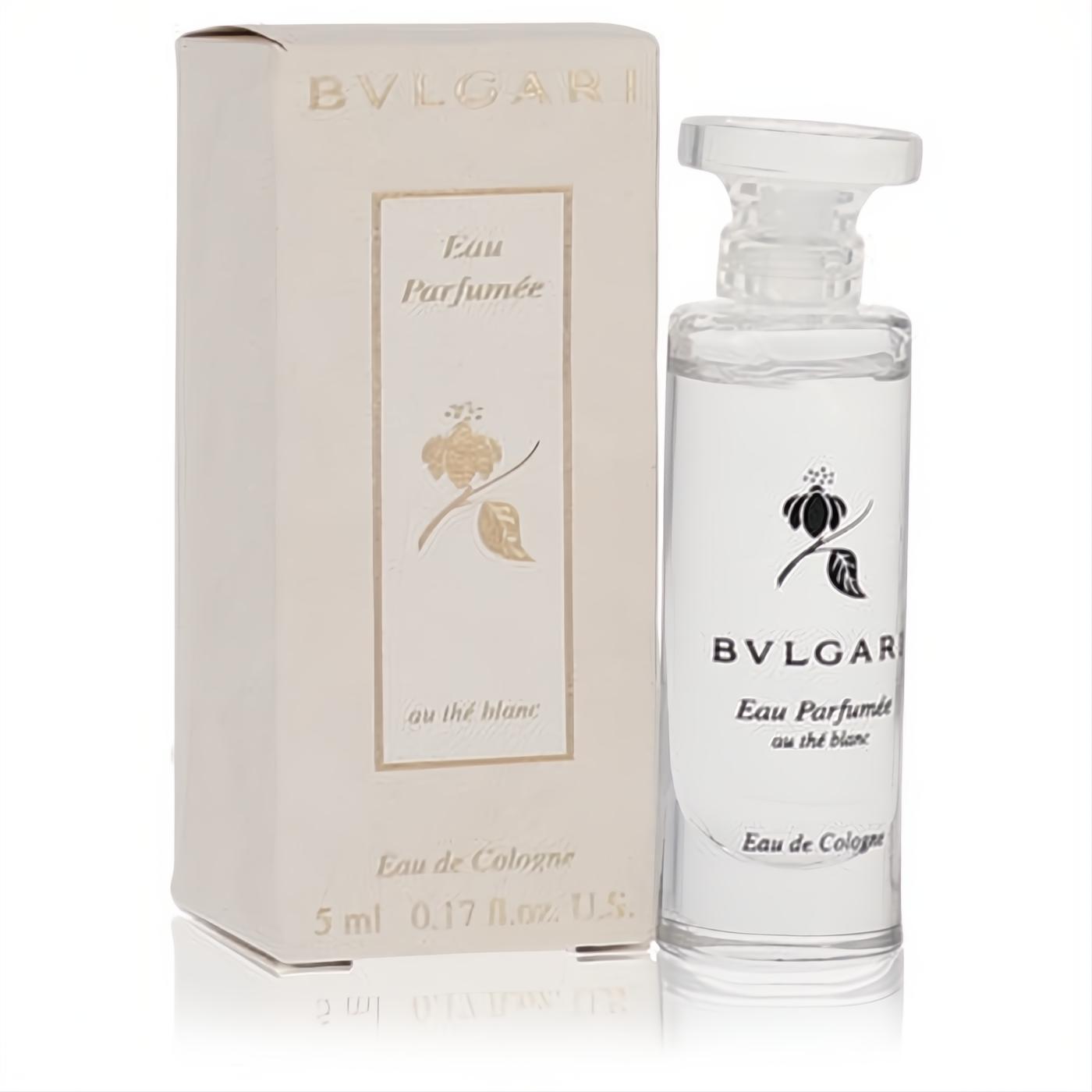 Bvlgari White .17 oz mini Eau de Cologne. Clear glass bottle and elegant cream box with signature floral details.