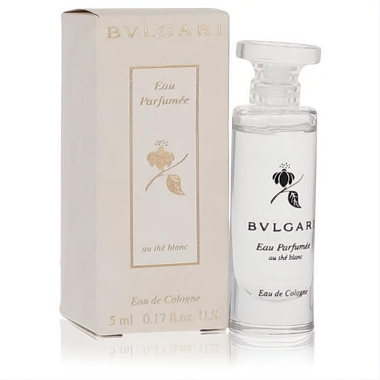 Bvlgari White .17 oz mini Eau de Cologne. Clear glass bottle and elegant cream box with signature floral details.