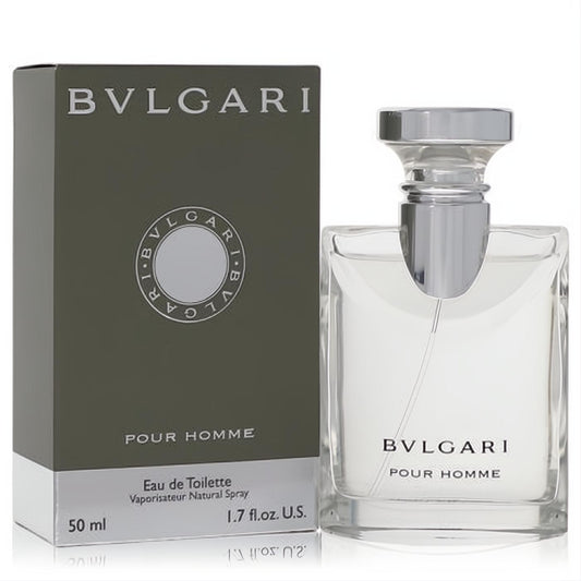 Sophisticated Bvlgari Pour Homme 1.7 oz EDT for men: clear glass spray bottle with silver cap, displayed with its elegant olive green box.