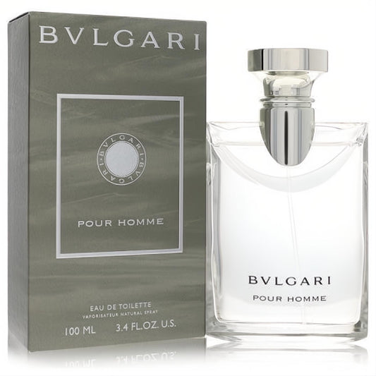 Bvlgari Pour Homme 3.4 oz EDT for men. Modern clear glass bottle, polished silver cap, and distinguished olive green box.