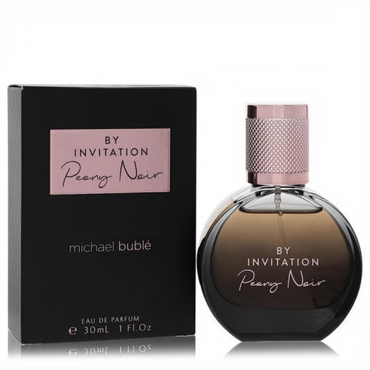Stunning Michael Bublé By Invitation Peony Noir 1 oz Eau De Parfum. Luxurious round amber bottle, rose gold cap, and elegant black box.