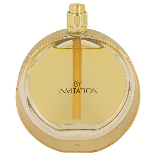 Discover By Invitation Michael Buble Eau De Parfum. Elegant 3.4 oz round gold bottle with clear glass, golden liquid.