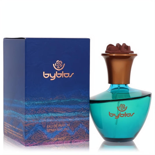 Byblos 100ml Eau De Parfum spray: a stunning teal glass bottle with a sculpted bronze floral cap, next to its vibrant blue box.
