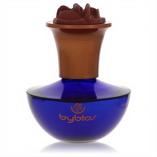 Elegant Byblos Eau De Parfum spray bottle with a vibrant blue glass base and a distinctive bronze floral cap.