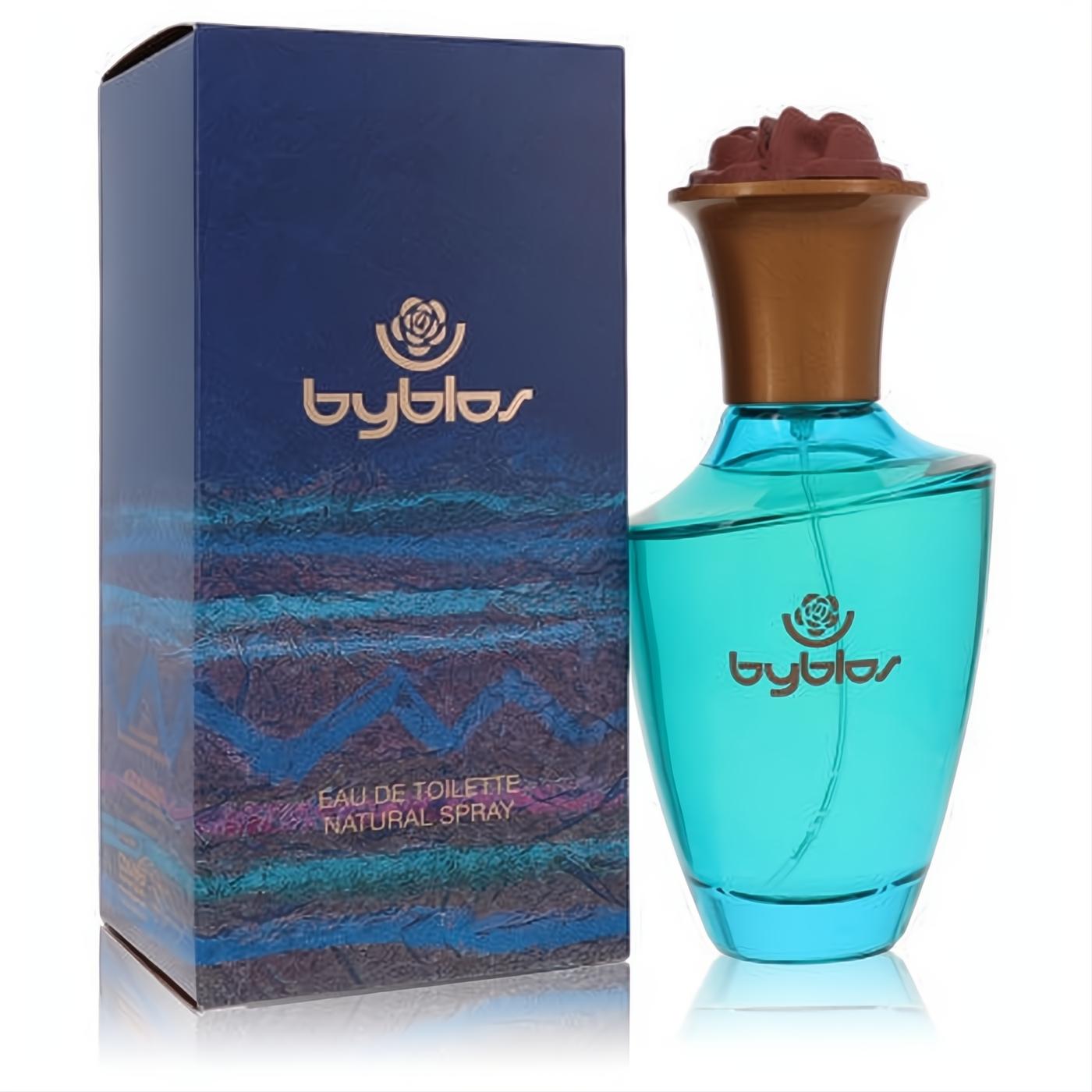 Elegant Byblos Eau De Toilette spray: aqua blue bottle with gold neck, sculpted rose cap, and matching dark blue patterned box.