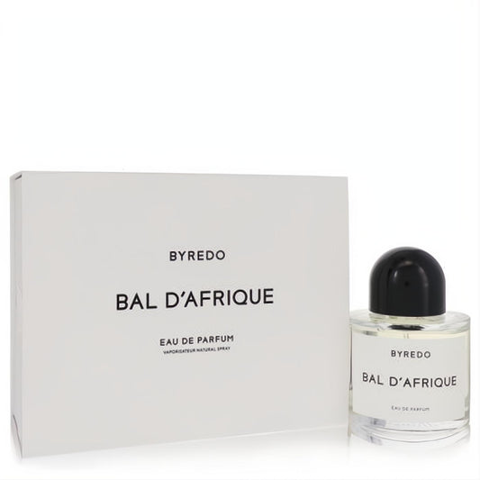 Byredo Bal D'afrique Eau De Parfum. Luxurious clear glass bottle with sleek black cap and minimalist white packaging.