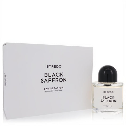 Byredo Black Saffron 3.4 oz unisex Eau De Parfum spray. Clear glass bottle, black cap, and elegant white packaging.
