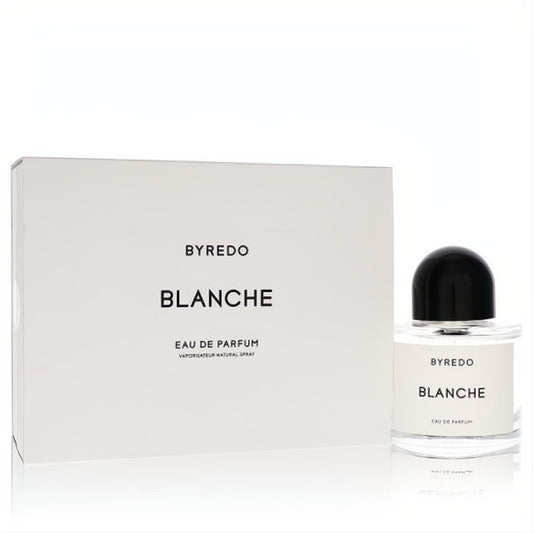 Discover Byredo Blanche Eau De Parfum, 3.4 oz, in its iconic minimalist white box and clear glass bottle with a sleek black cap.