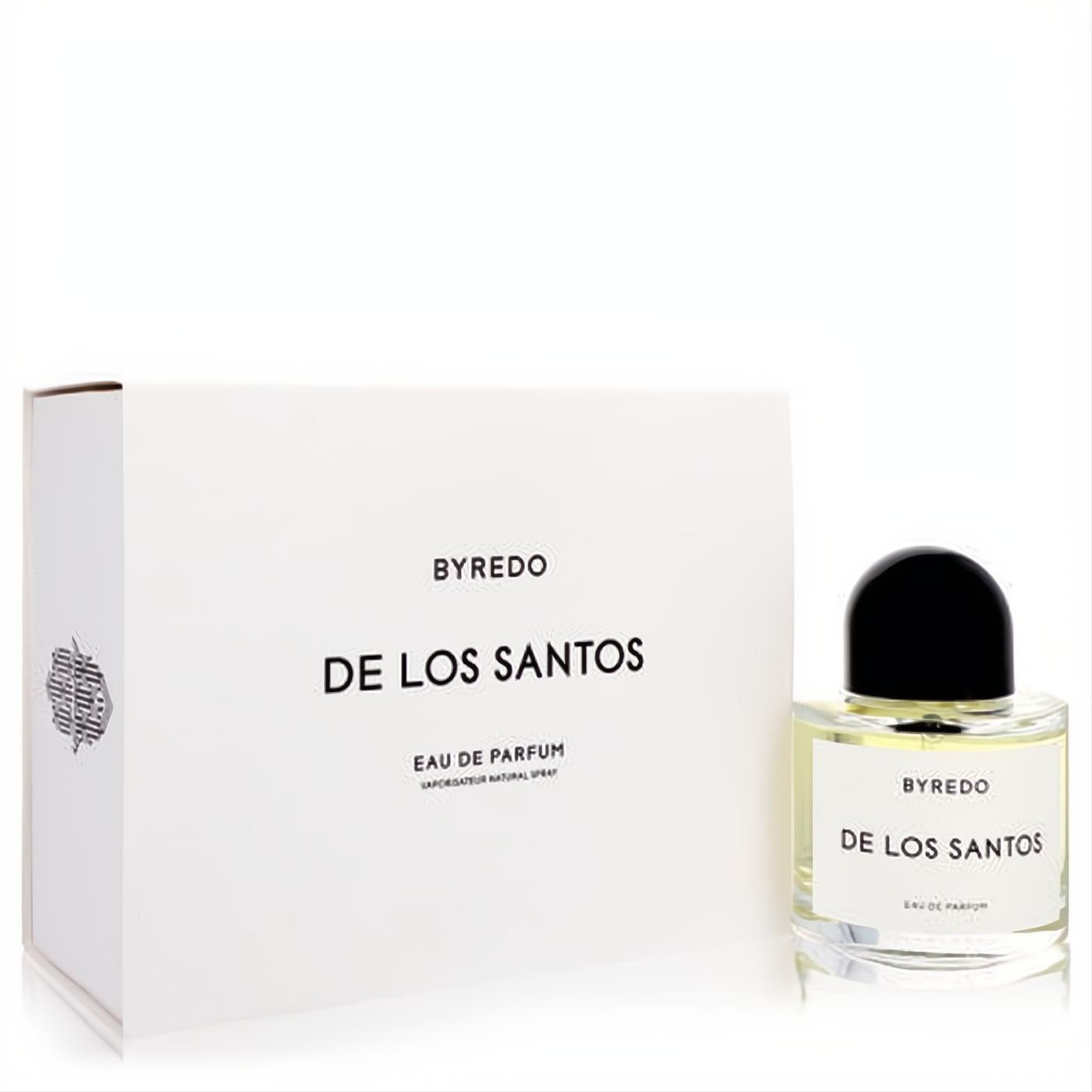 Elevate your scent with Byredo De Los Santos unisex Eau De Parfum. Clear glass spray bottle, black cap, and crisp white box.