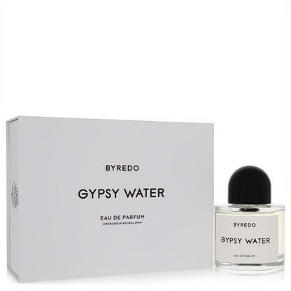 Byredo Gypsy Water Eau De Parfum spray. Clear glass bottle with black cap, elegant white label, and matching minimalist box.