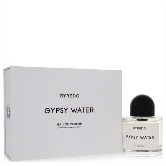 Byredo Gypsy Water Eau De Parfum spray. Clear glass bottle with black cap, elegant white label, and matching minimalist box.