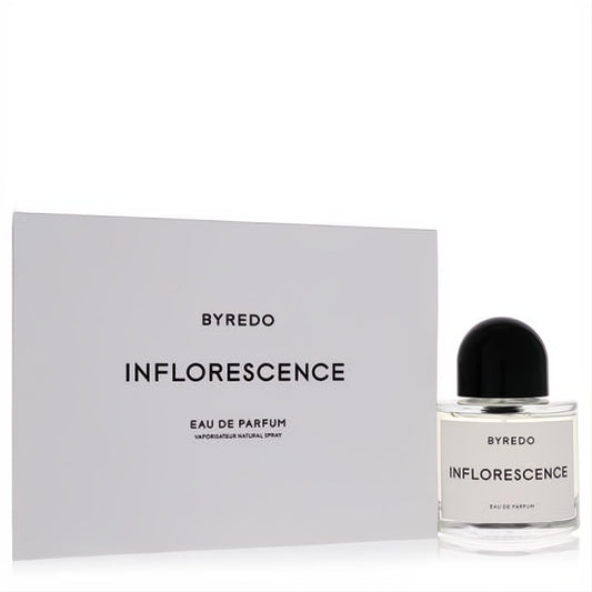 Elegant Byredo Inflorescence Eau De Parfum spray bottle with clear glass, sleek black cap, and minimalist white box.