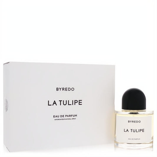 Elegant Byredo La Tulipe Eau De Parfum spray: clear glass bottle with black cap, presented with its minimalist white box.