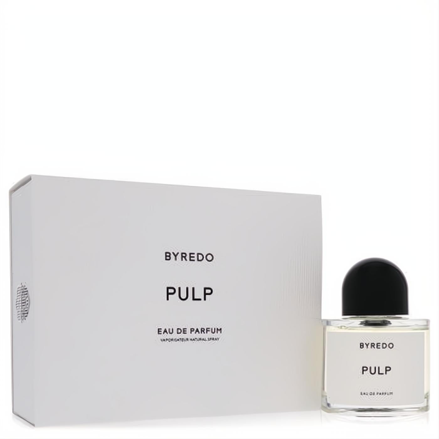 Byredo Pulp Eau De Parfum 3.4 oz spray. Sleek clear glass bottle, black cap, and crisp white packaging.
