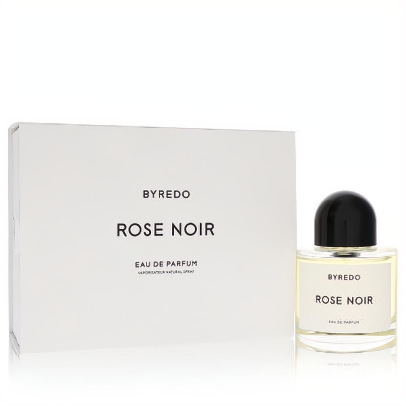 Byredo Rose Noir Eau De Parfum 3.4 oz unisex spray. Features a sleek clear bottle, black cap, and minimalist white box.