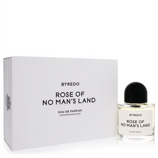 Byredo Rose of No Man's Land Eau De Parfum. Elegant clear glass bottle with black cap, beside its sleek white box.