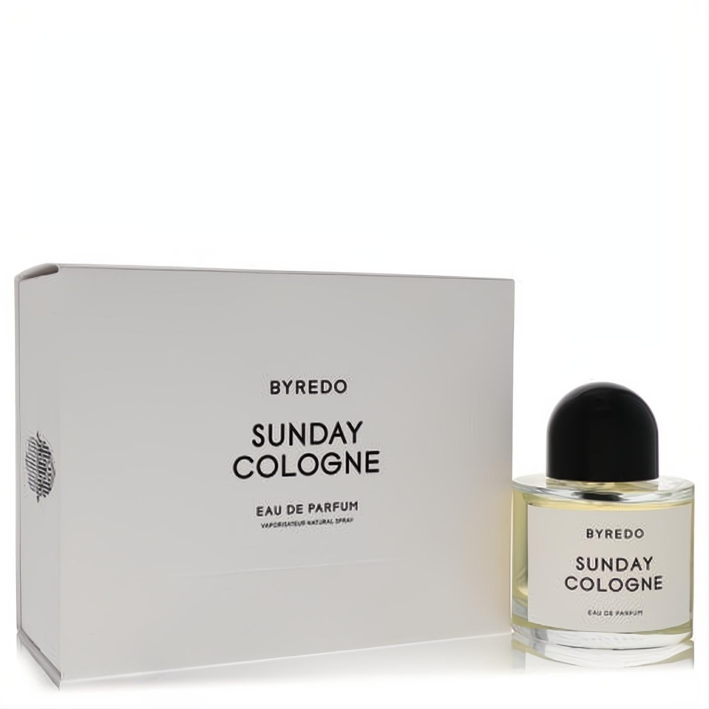 Sophisticated Byredo Sunday Cologne Eau De Parfum. Clear glass bottle with black cap, light amber unisex fragrance, and elegant white box.