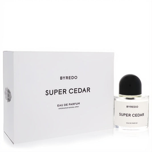 Discover Byredo Super Cedar 3.4 oz Eau De Parfum. Modern clear bottle, sleek black cap, and elegant white packaging.