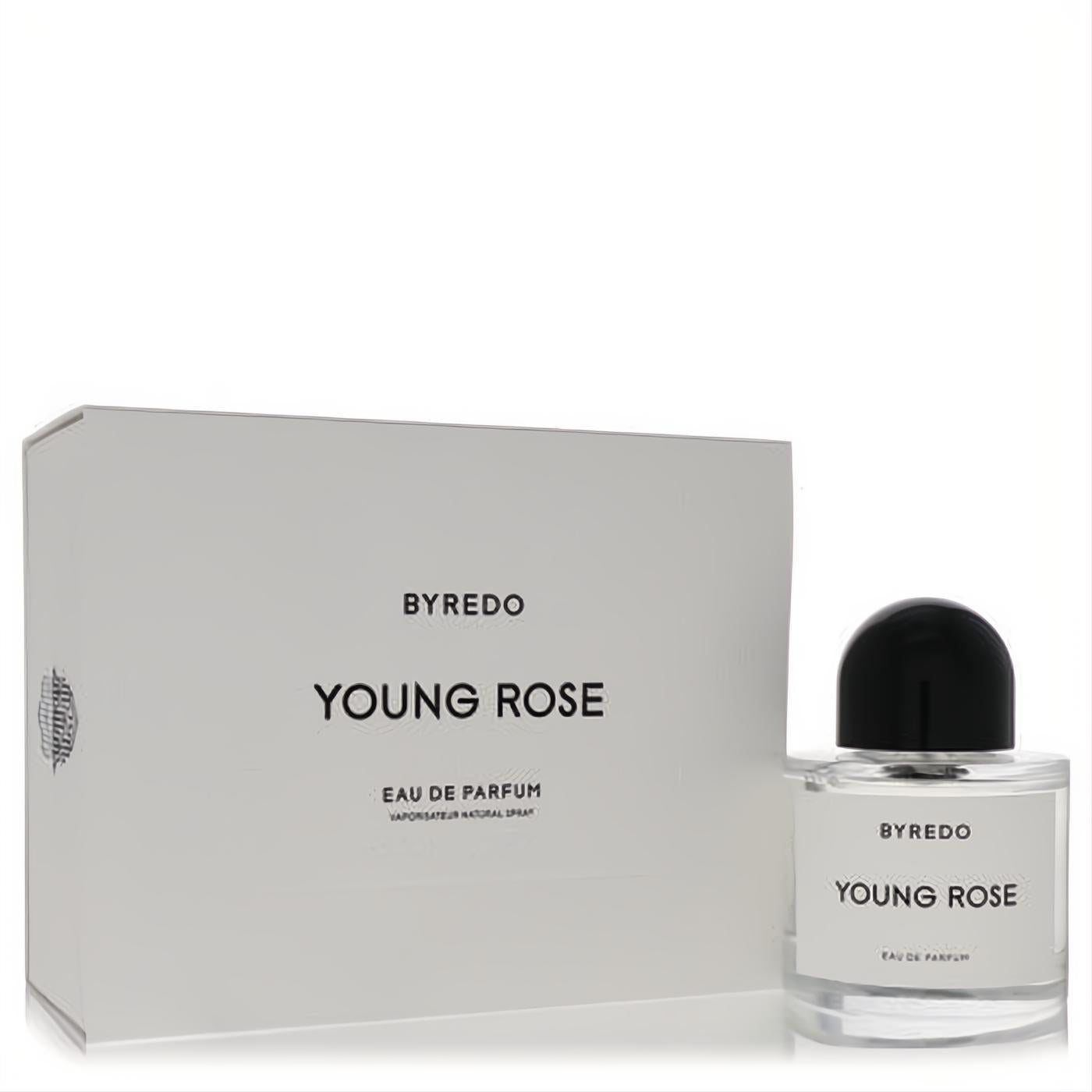 Byredo Young Rose Eau De Parfum 3.4 oz. Elegant clear glass spray bottle with black cap and minimalist white box.