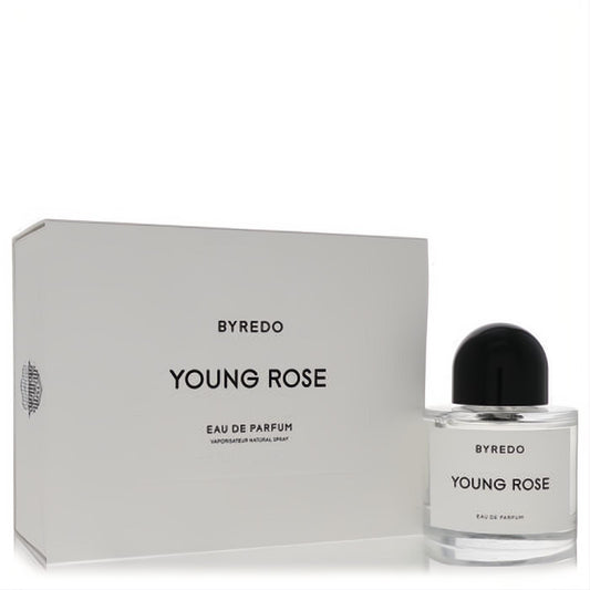Byredo Young Rose Eau De Parfum 3.4 oz. Elegant clear glass spray bottle with black cap and minimalist white box.