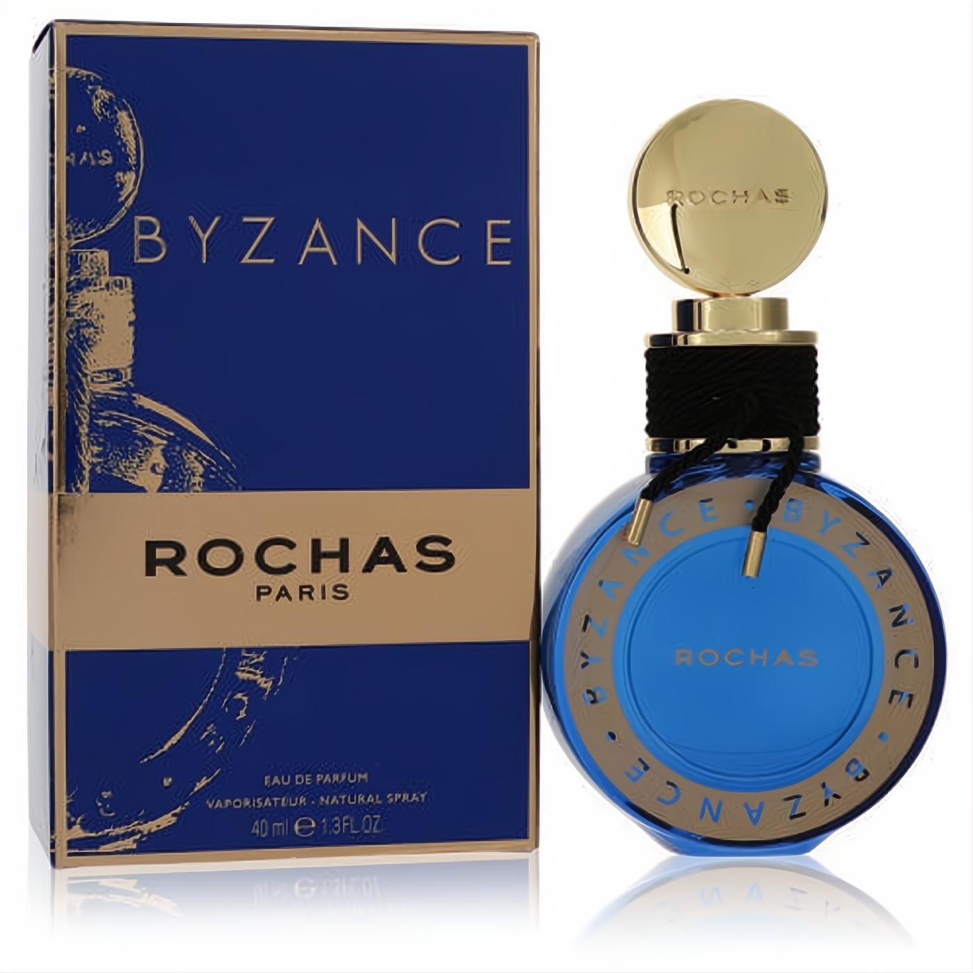 Experience Rochas Byzance 2019 Edition 1.3 oz EDP. Stunning deep blue round glass bottle, gold cap, and elegant black cord.
