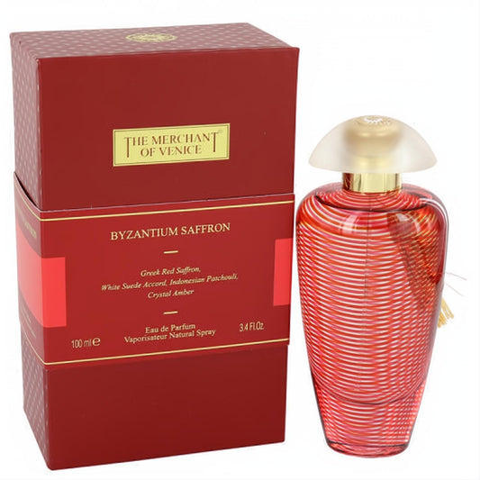 Elegant Byzantium Saffron 3.4 oz EDP in a stunning red striped glass bottle with a frosted amber cap and rich red box.