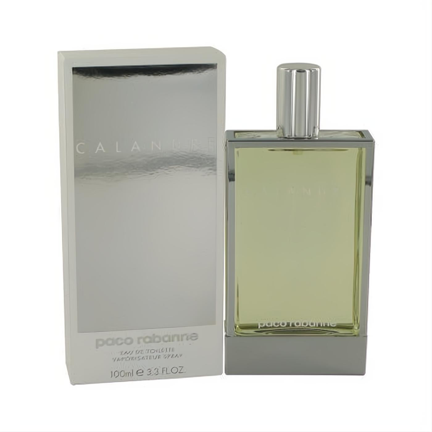 Elegant Paco Rabanne CALANDRE 3.3 oz EDT in a clear glass bottle with silver trim and cap, displayed with its shimmering silver box.