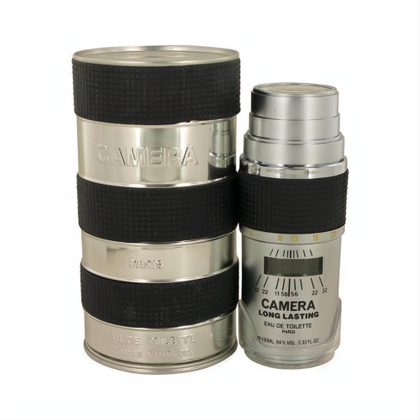 Bold Max Deville Camera Long Lasting men's cologne. Silver metal 3.4 oz bottle and stacked packaging with black grip, designed as camera lenses.