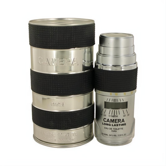 Bold Max Deville Camera Long Lasting men's cologne. Silver metal 3.4 oz bottle and stacked packaging with black grip, designed as camera lenses.