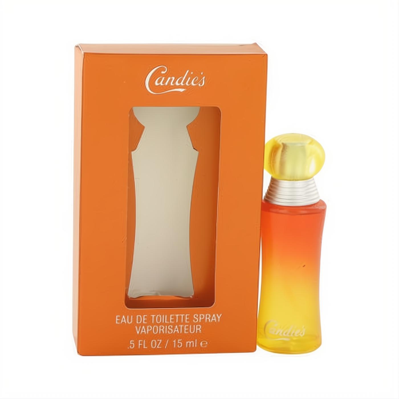 Candies 0.5 oz Eau De Toilette spray, a vibrant orange-yellow gradient bottle with yellow cap, next to its iconic orange box.