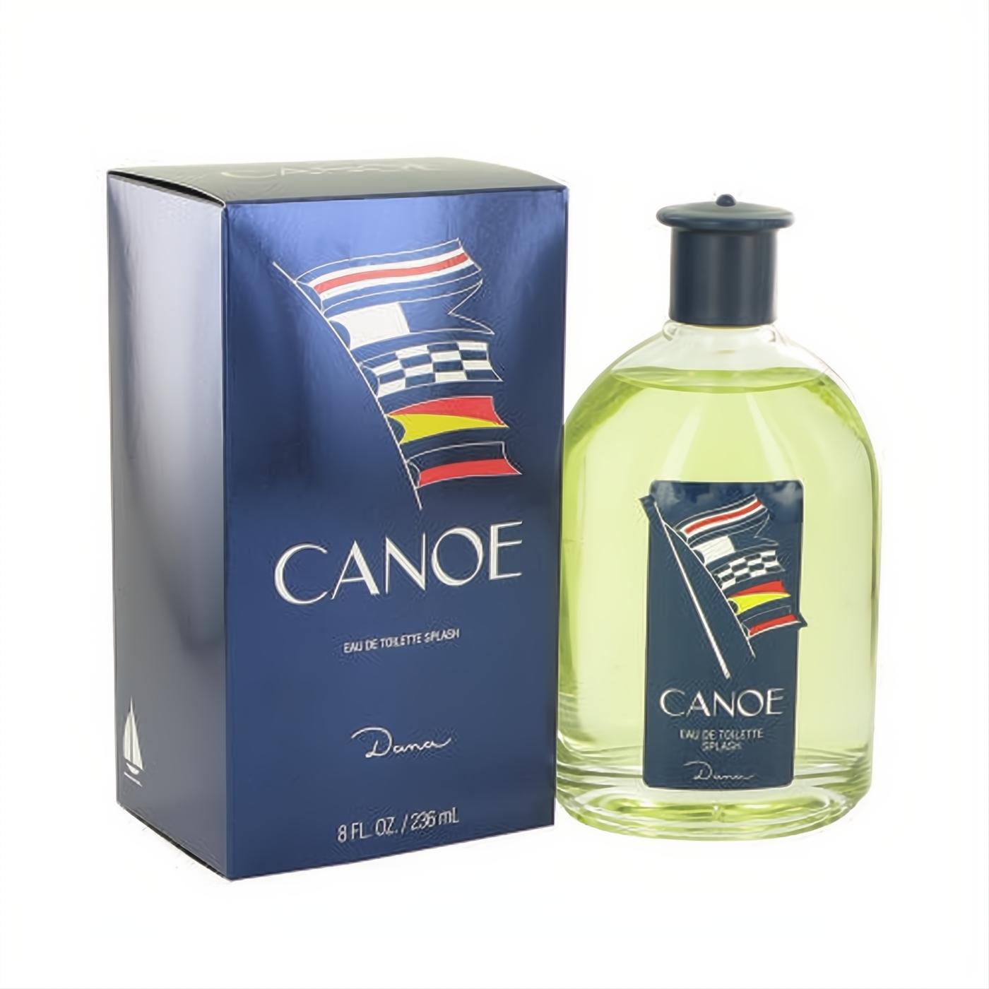 Iconic Canoe by Dana 8 oz EDT splash. Clear glass bottle with light yellow fragrance, dark blue cap, and matching nautical flag box.