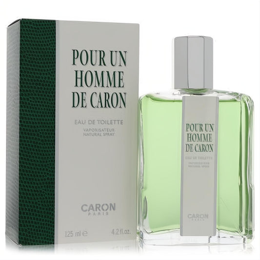 Caron Pour Homme 4.2 oz EDT spray. Clear glass bottle with refreshing green liquid and its elegant white box.