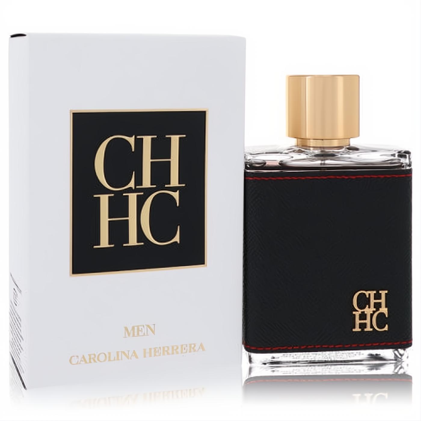 CH Carolina Herrera Men's Eau De Toilette spray: black leather-look bottle with red stitching, gold cap, and elegant white box.