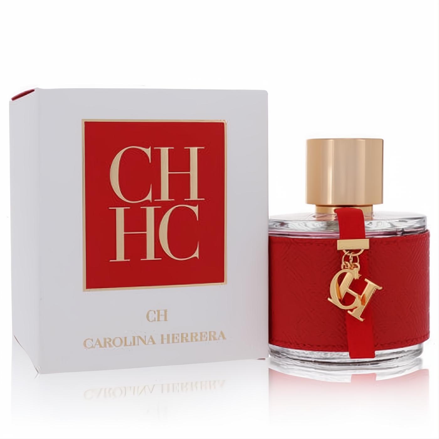 CH Carolina Herrera 3.4 oz women's EDT. Luxurious red leather-wrapped bottle with a gold cap and CH charm, next to its iconic white box.