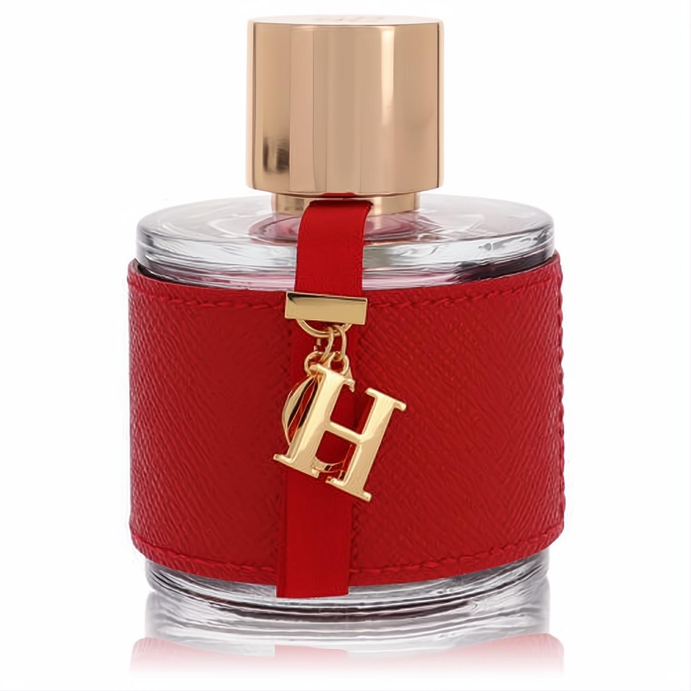 CH Carolina Herrera 3.4 oz EDT tester. Clear bottle, vibrant red textured wrap, luxurious gold cap, and signature 'H' charm.