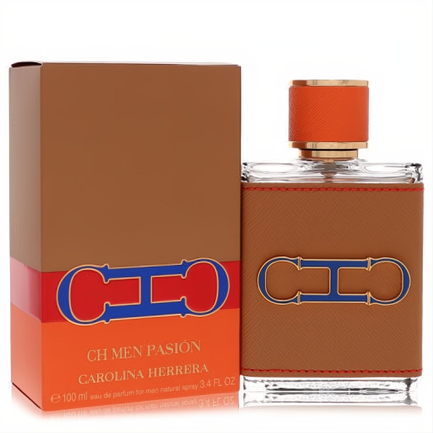 Elevate your scent with CH Pasion Carolina Herrera 3.4 oz men's cologne. Brown leather bottle, orange cap, blue CHO logo, and matching box.