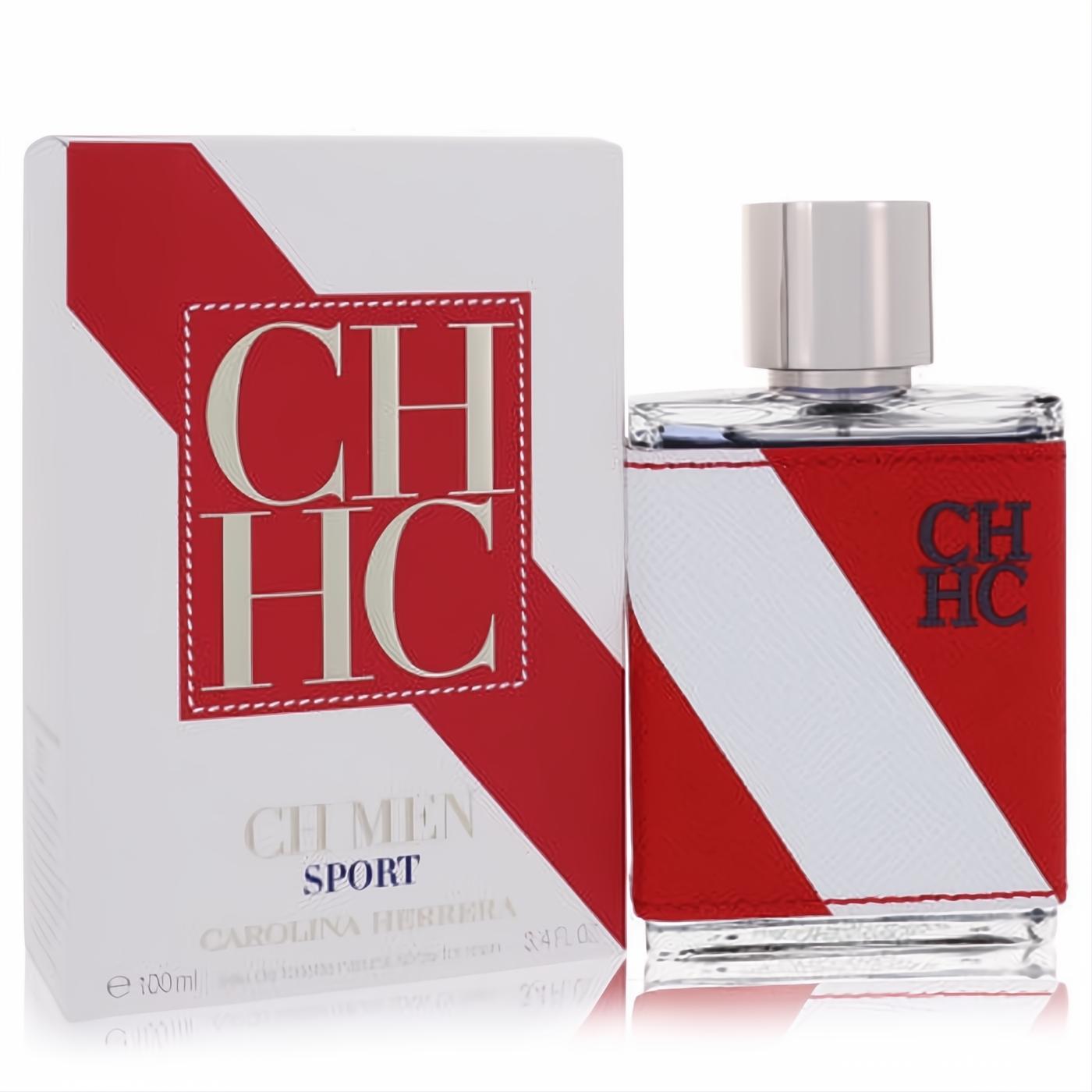 Dynamic CH Sport by Carolina Herrera 3.4 oz EDT. Sleek glass bottle with red & white striped leather accent, beside its matching white box.