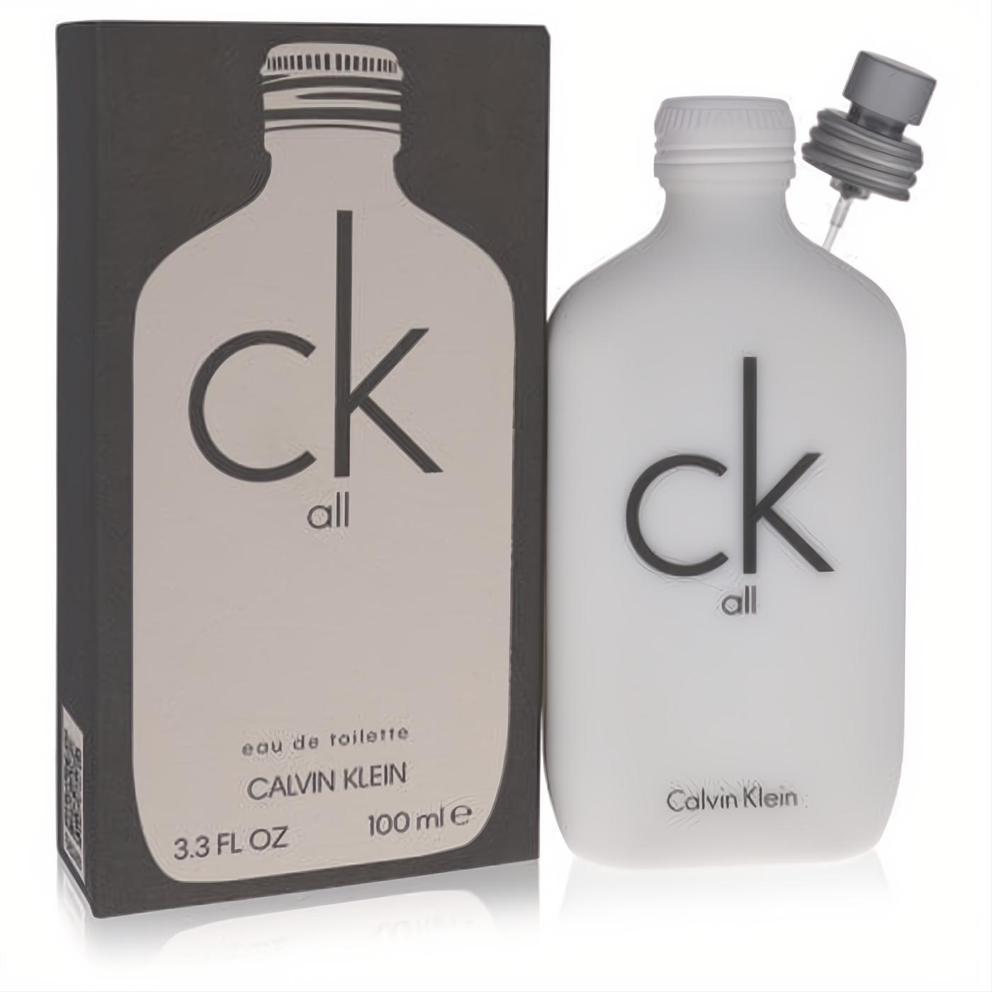 Refreshing CK All Calvin Klein unisex Eau De Toilette spray. Modern matte white 3.4 oz bottle with iconic black logo and dark gray box.