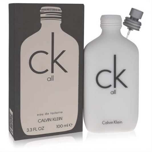 Refreshing CK All Calvin Klein unisex Eau De Toilette spray. Modern matte white 3.4 oz bottle with iconic black logo and dark gray box.
