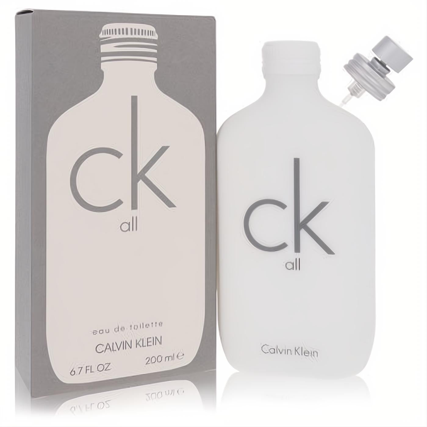 Calvin Klein CK All 6.7 oz unisex EDT in a modern white matte bottle with gray logo, spray nozzle visible, and sleek gray box.