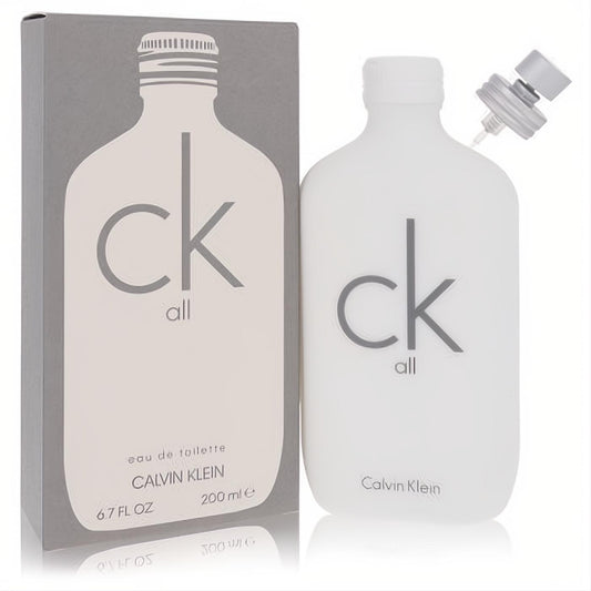 Calvin Klein CK All 6.7 oz unisex EDT in a modern white matte bottle with gray logo, spray nozzle visible, and sleek gray box.